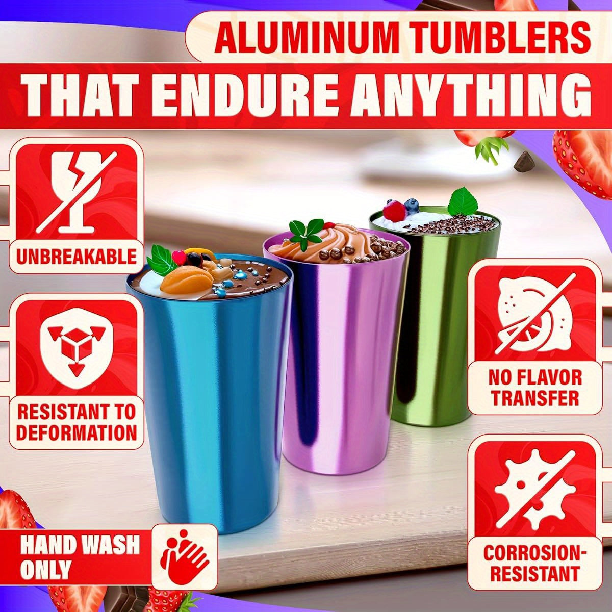 6pcs Aluminum Tumblers 15oz - Lightweight, Durable, and Reusable Metal Cups | Vibrant Festive Colors for Hot and Cold Beverages | Sturdy Anodized Design for Parties and Outdoor Use | Hand Wash Only