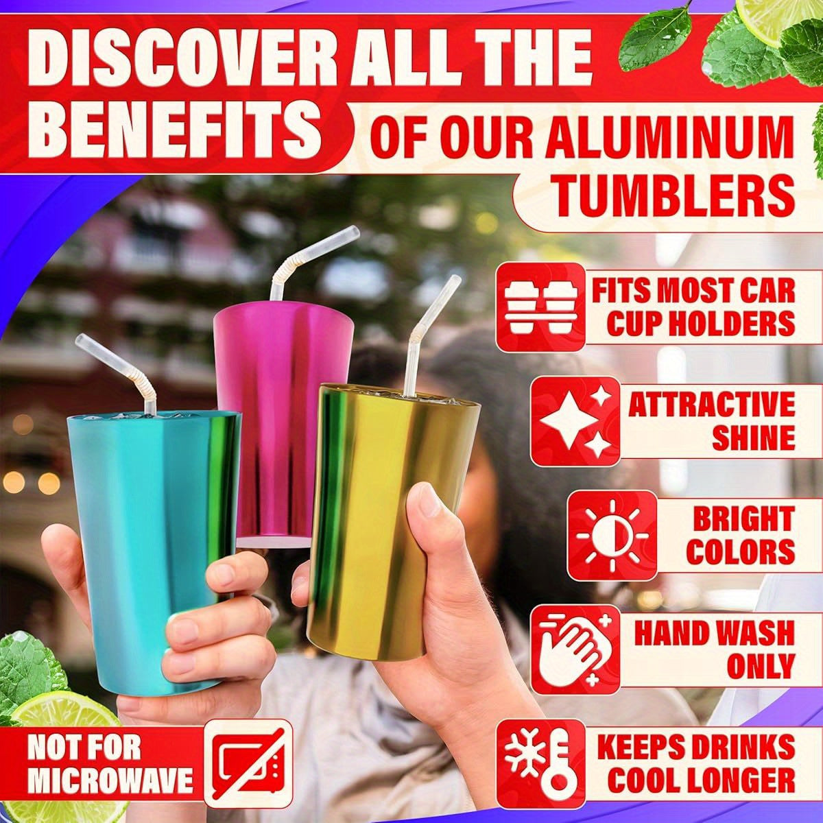 6pcs Aluminum Tumblers 15oz - Lightweight, Durable, and Reusable Metal Cups | Vibrant Festive Colors for Hot and Cold Beverages | Sturdy Anodized Design for Parties and Outdoor Use | Hand Wash Only