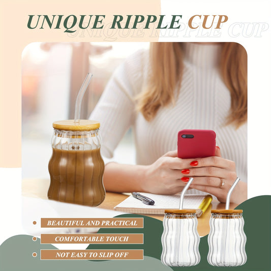 2pcs 18oz Creative Glass Cups with Lids And Straws Wave Shape Cute Drinking Tumblers Ribbed Cups Vintage Ripple Glassware for Cocktail Juice Iced Coffee Tea Soda Milk