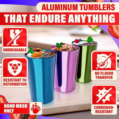 6pcs Aluminum Tumblers 15oz - Lightweight, Durable, and Reusable Metal Cups | Vibrant Festive Colors for Hot and Cold Beverages | Sturdy Anodized Design for Parties and Outdoor Use | Hand Wash Only