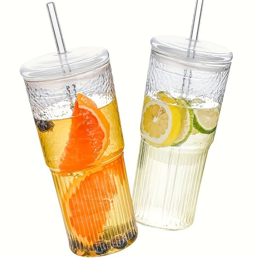 2-Pack Glass Tumbler Set with Lids and Straws, 21.98oz - Leakproof, Reusable Transparent Drinkware for Iced Coffee, Smoothies - Ideal for Office, Camping, Home Use - Gift-Friendly