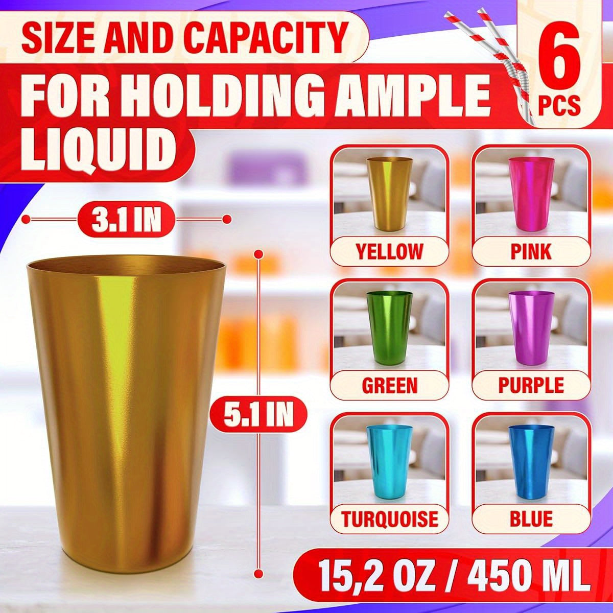 6pcs Aluminum Tumblers 15oz - Lightweight, Durable, and Reusable Metal Cups | Vibrant Festive Colors for Hot and Cold Beverages | Sturdy Anodized Design for Parties and Outdoor Use | Hand Wash Only
