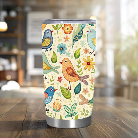 20oz Tumbler with lid - Insulated Cup - Travel Coffee Mug - Colorful Birds & Flowers Pattern - Great for Easter, St. Patrick's Day, Birthday Gifts