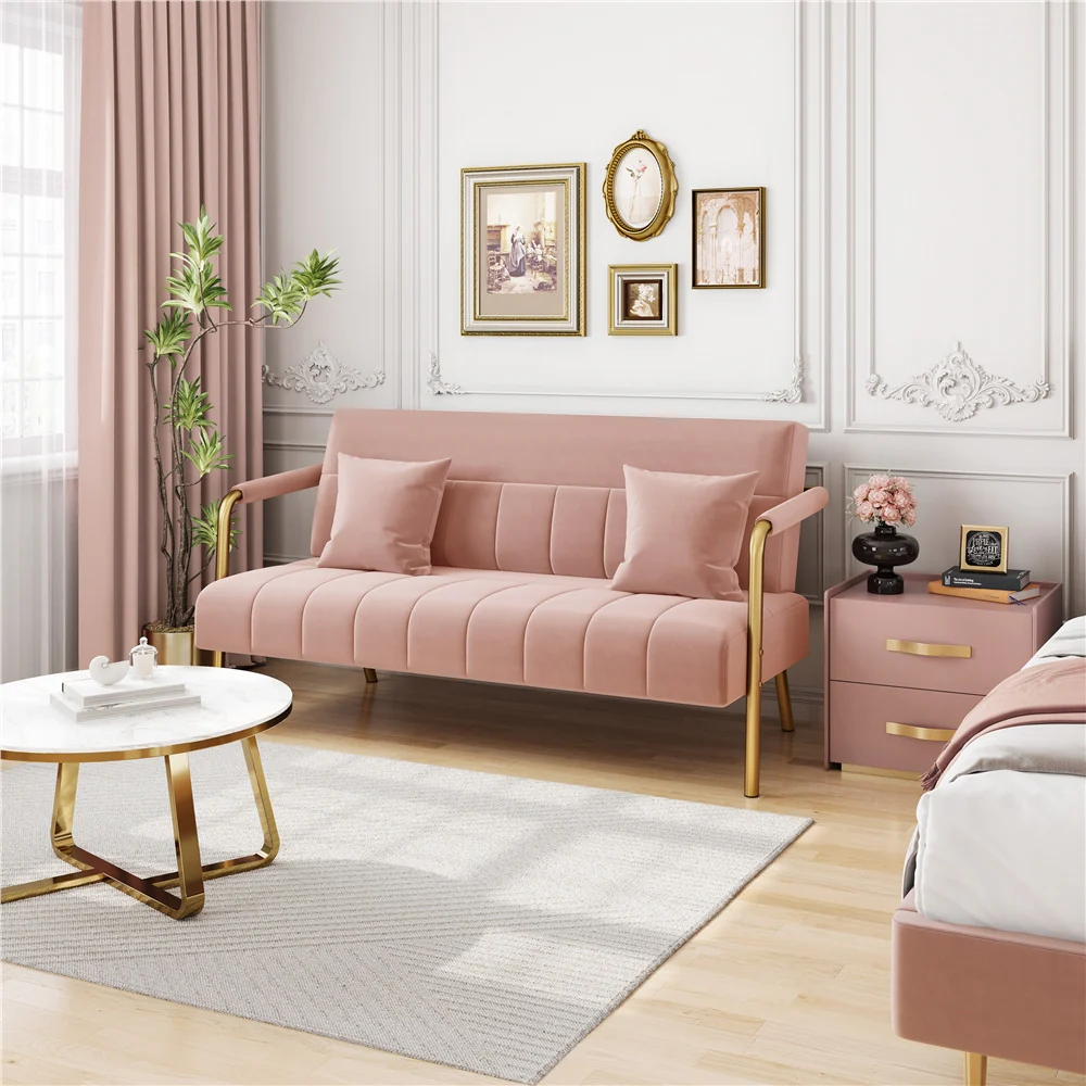 Costoffs Velvet Fabric Sofa Couch, 56.5″ W Modern Loveseat Couch with Gold-tone Metal Arms, Legs & 2 Pillows, Sofa for Living Room, Bedroom Furniture, Pink\u002FGreen\u002FGray